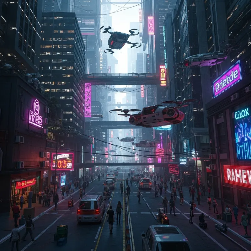 Neon Cyberpunk Cityscape with Flying Cars and Dramatic Lighting