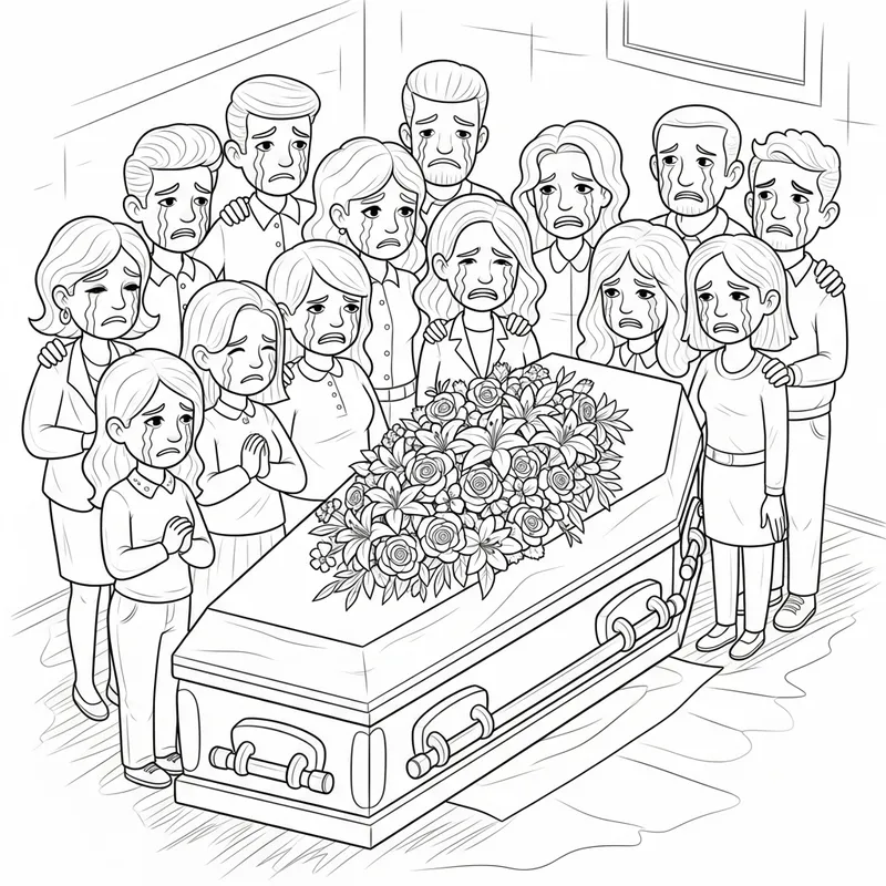 Whimsical Cartoon Coffin Coloring Page with Sad People and Flowers