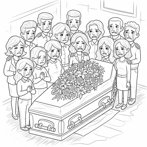 Cartoon Style Coloring Book Page with Diverse Characters and Coffin