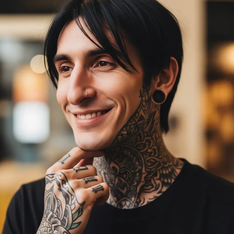 Tall Male with Tattoos, Black Hair, and Enigmatic Smile Tall Male with Tattoos, Black Hair, and Enigmatic Smile
