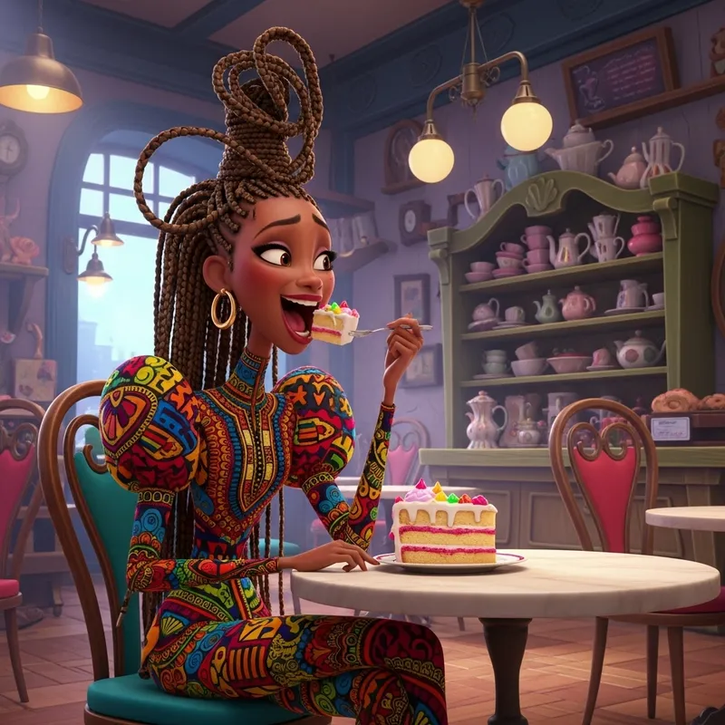 Stylish Animated Black Girl with Long Braids Enjoying Cake in Cafe