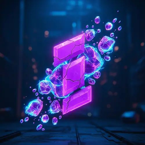 Purple I Logo with Cyberpunk Ice Particles on Blue Background