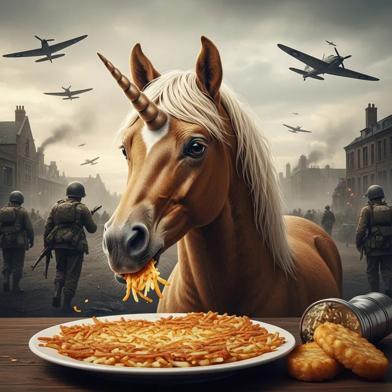 Vintage Unicorn Eating Hash Browns During World War 2