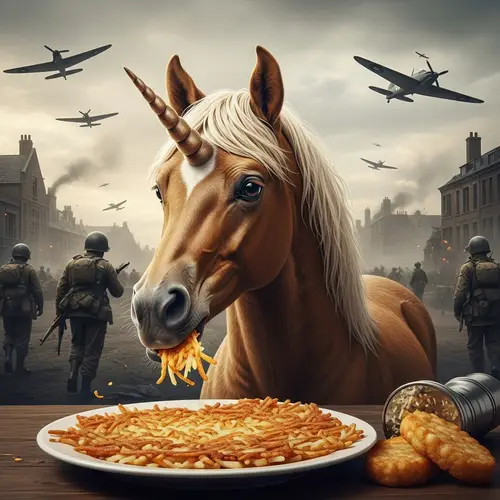 Whimsical Fluffy Brown Unicorn Enjoying Hash Browns in WWII Setting