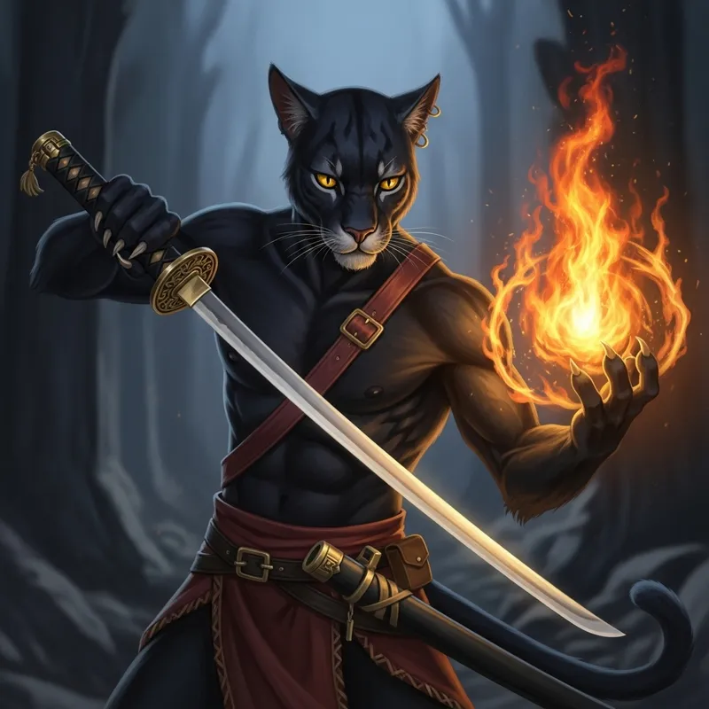 Captivating Fantasy Black Catman with Katana & Fire