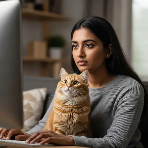Serious South Asian Woman with Cat on Plush Couch | Website