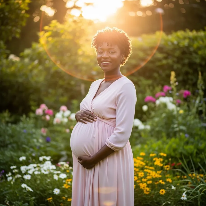 Happy Pregnant Woman in Green Garden