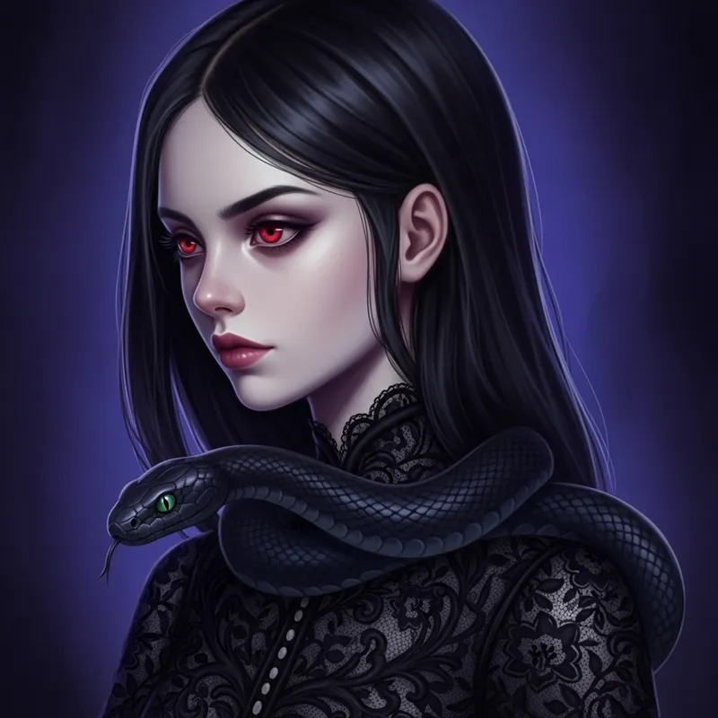 Mysterious Gothic Fantasy Painting of Pale Girl with Black Snake