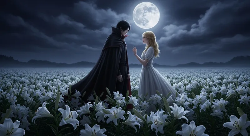 Moonlit Encounter: Black-Haired Vampire Bites Blonde Girl Amidst White Lilies
