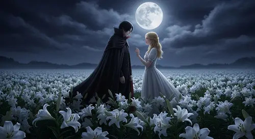 Moonlit Encounter: Asian Male Vampire Bites Blonde Girl in White Dress