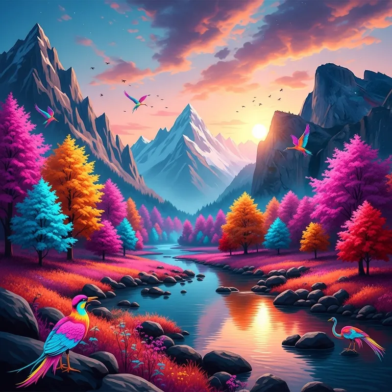 Surreal Mountain Landscape with Neon Hues and Colossal Guardians