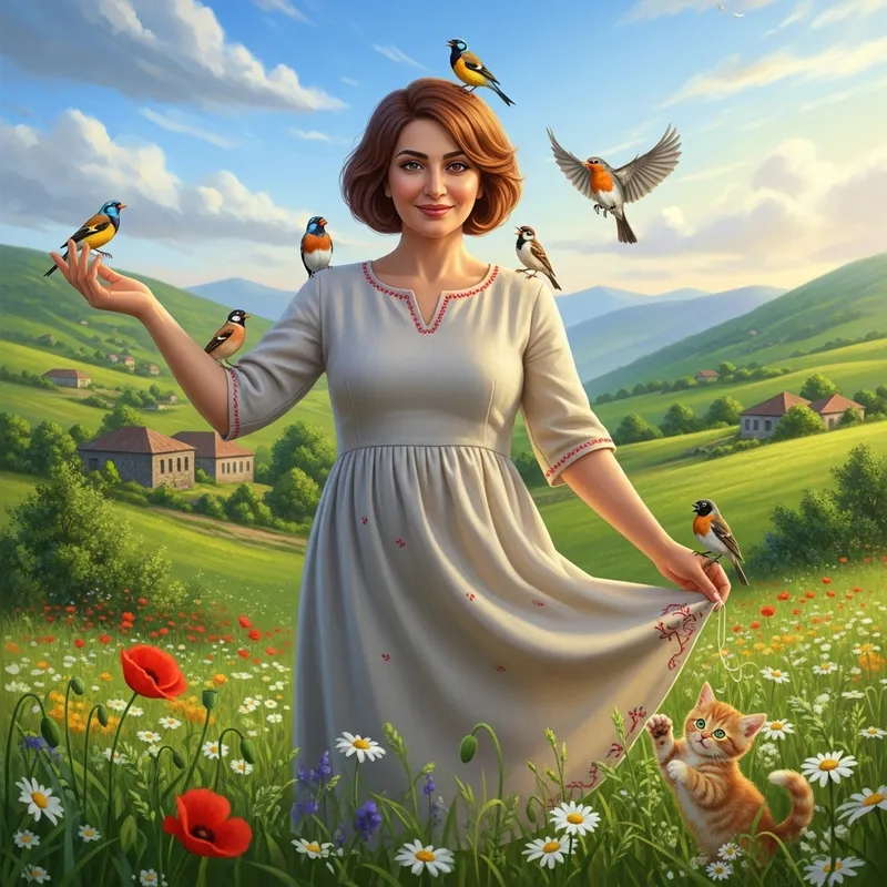 Armenian Woman in Pixar Style: 45-Year-Old with Russet Bob, Surrounded by Singing Birds & Ginger Kitten Armenian Woman in Pixar Style: 45-Year-Old with Russet Bob, Surrounded by Singing Birds & Ginger Kitten