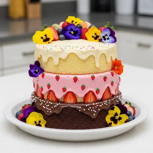 Delicious Three-Layer Cake with Chocolate, Strawberry & Vanilla Flavors
