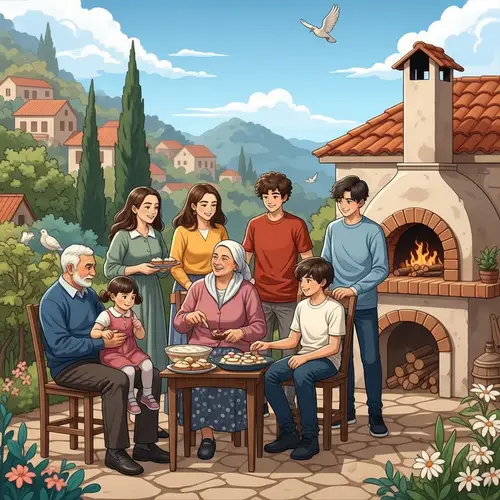 Levantine Family Celebrating New Year in a Picturesque Village