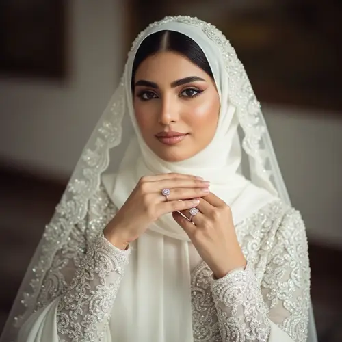 Stunning Middle-Eastern Bride with Halo Engagement Ring in Romantic Setting