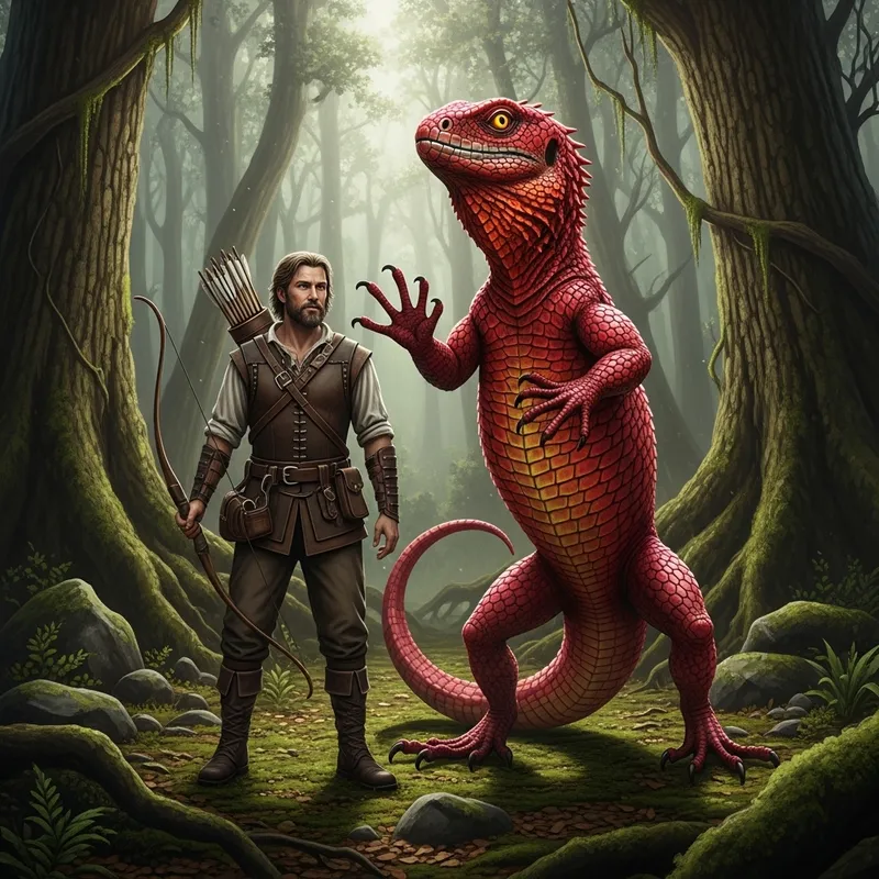 Hunter with Human-Sized Red Lizard - Captivating Image