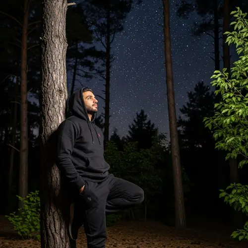 Tranquil Middle-Eastern Man in Forest Under Starry Night Sky