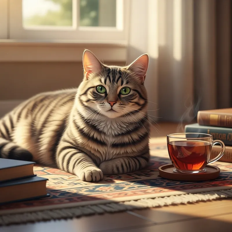 Tabby Cat Basking in Sunlight on Vintage Rug