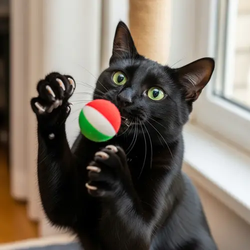 Playful Black Cat with Green Eyes | Enthusiastic Toy Fun