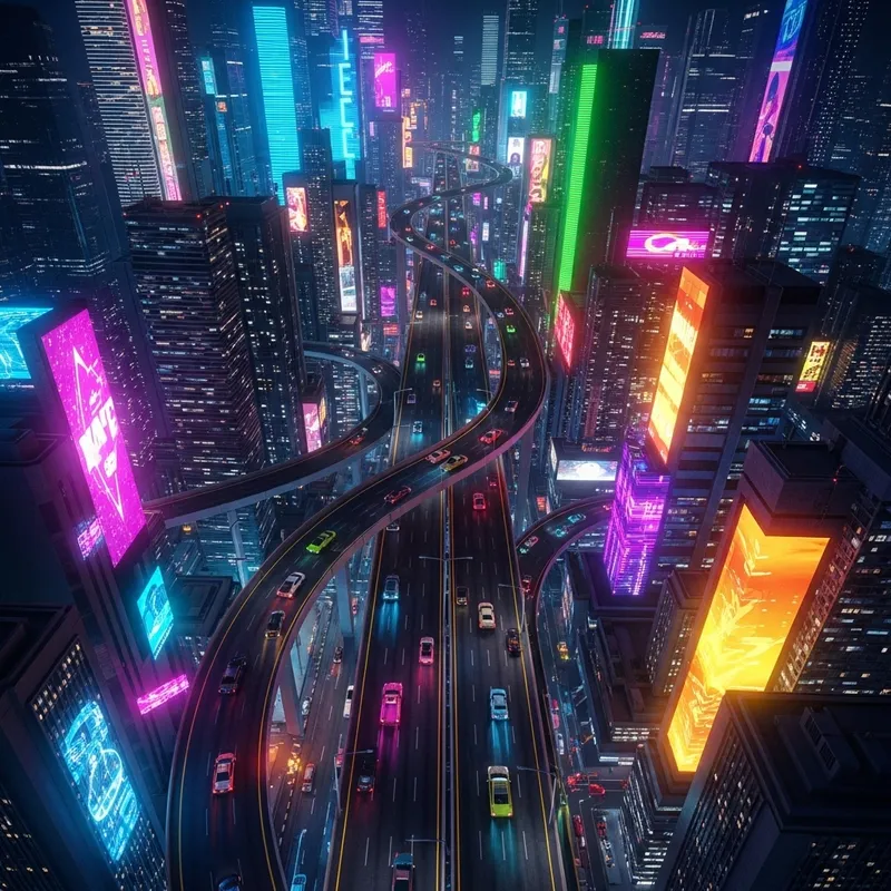 Vibrant Cyberpunk Cityscape: Neon Lights & Flying Cars Vibrant Cyberpunk Cityscape: Neon Lights & Flying Cars