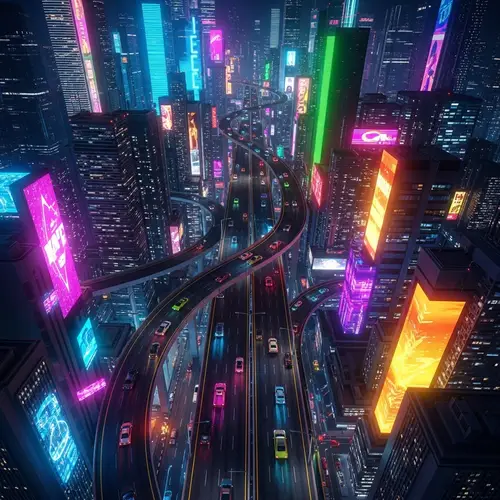Futuristic Cityscape of Neon Lights in Cyberpunk Aesthetic