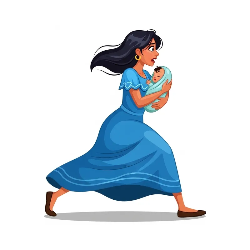 Mother Running with Baby in Blue Dress, Side View Cartoon