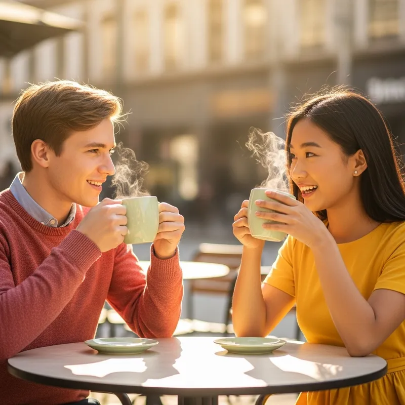 Urban Café Scene: Boy and Girl Savoring Coffee Outdoors