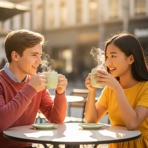Café Scene: Boy and Girl Enjoying Coffee Outdoors