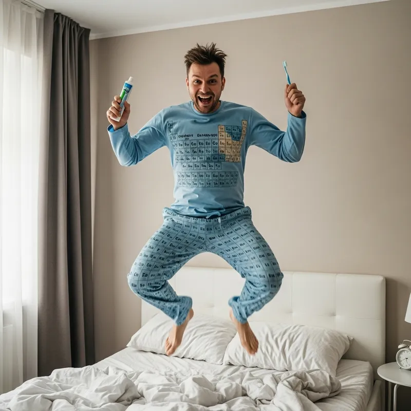 Cheerful Scientist Bouncing on Bed with Toothpaste and Toothbrush