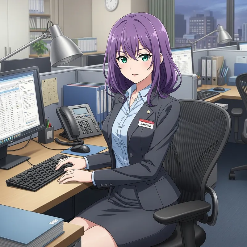Anime Girl: Purple Hair, Green Eyes in Office Uniform