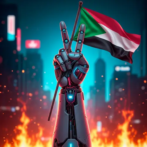 Cyborg Fist Flag: Unity & Hope in Futuristic Cityscape