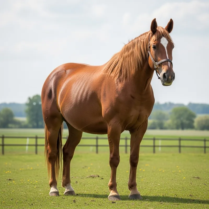 Cheerful Horse with Enlarged Belly Enjoying Peaceful Pasture