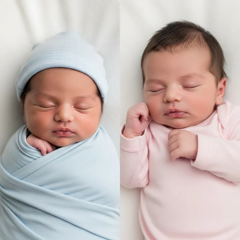 Beautiful South Asian and Hispanic Newborn Babies Swaddled in Blue and Pink