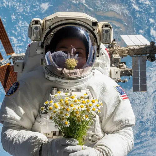 Asian Female Astronaut Smelling Chamomiles in Open Space