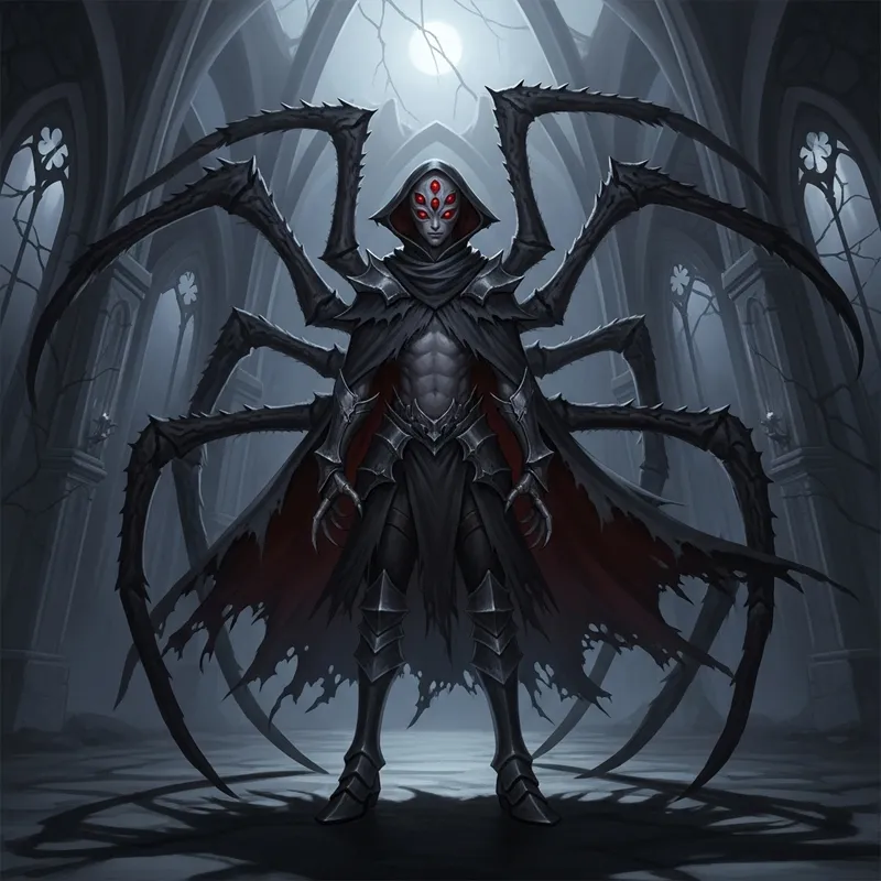 Dark Fantasy Spider-Like Humanoid with Four Eyes