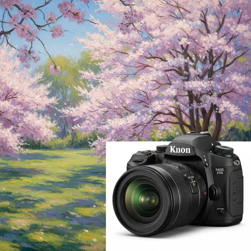 Serene Garden with Cherry Blossoms - Impressionist Art in Monet Style