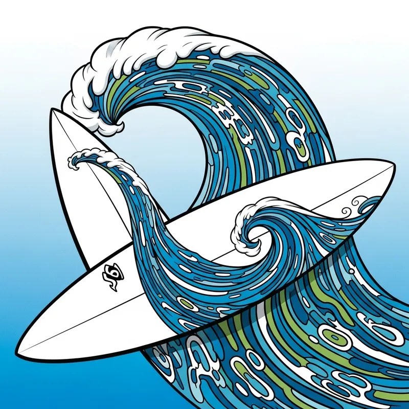 Stylized Surfboard with Wave Art - Surfboard Decor