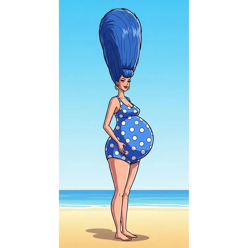 Pregnant Marge Simpson in Polka Dot Swimsuit on Empty Beach