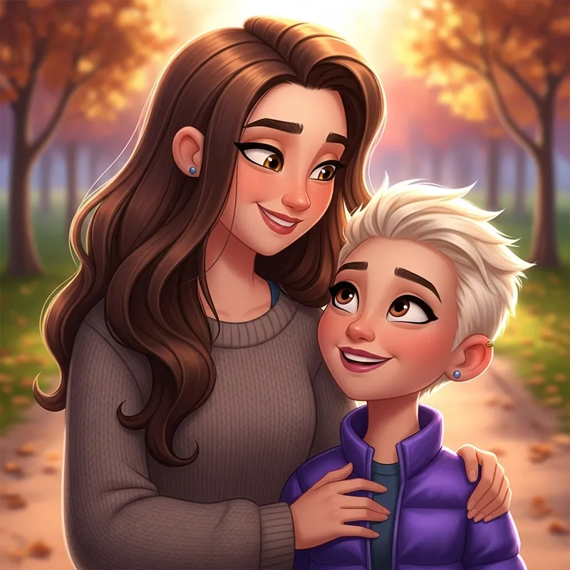 Lesbian Couple with Long Hair and Short Hair in Pixar Style