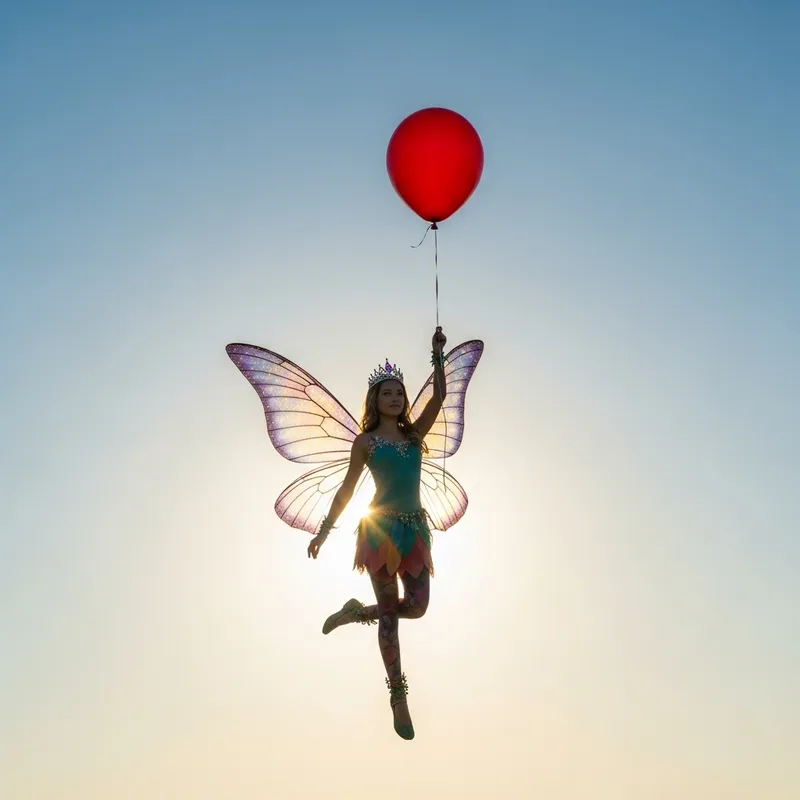 Enchanting Fairy with Red Balloon | Magical Sunlit Backdrop Enchanting Fairy with Red Balloon | Magical Sunlit Backdrop