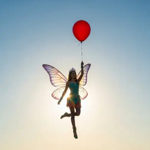 Enchanting Fairy with Red Balloon | Magical Sunlit Background