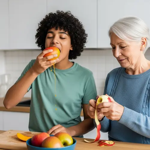 Healthy Eating Scene: Young and Senior Persons Enjoying Fruits