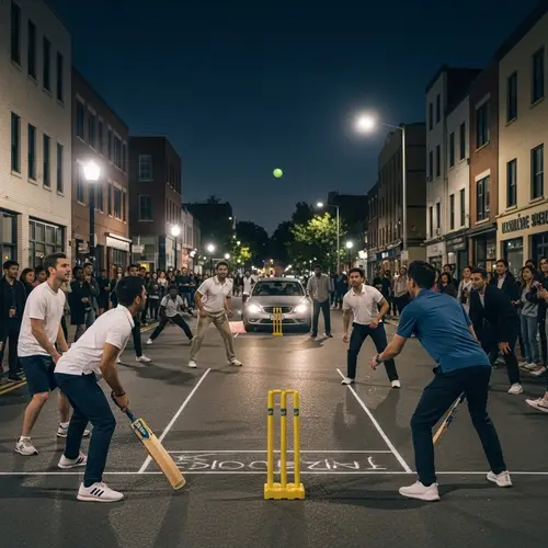 Diverse Cricket Match on Well-Lit Street: Electrifying Tournament