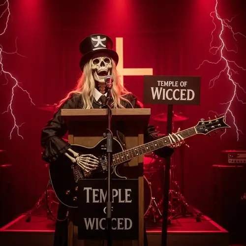 Temple of Wicced: Female Skeleton Preacher with Black Guitar