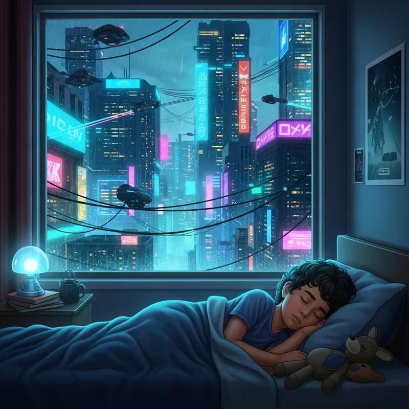 Hispanic Boy Sleeping in Cyberpunk Room