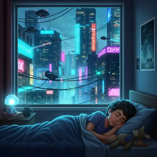 Hispanic Boy Sleeping in Cyberpunk Room