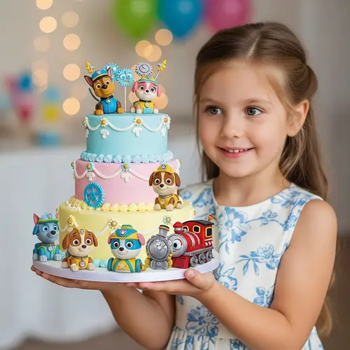 Delightful Girl Holding Decorative Cake with Fixies Embellishments