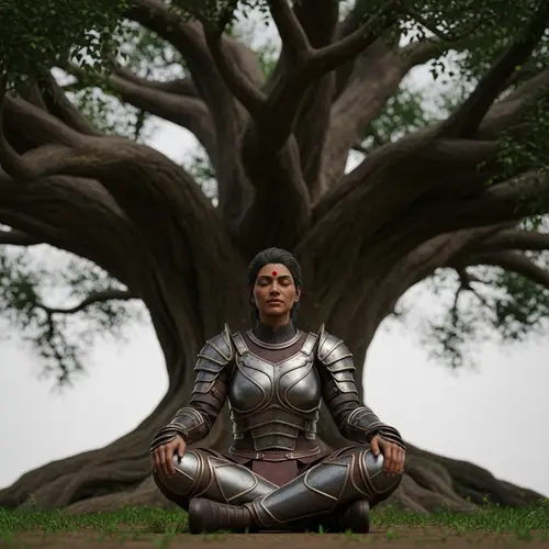 South Asian Female Warrior Meditating Under Majestic Tree