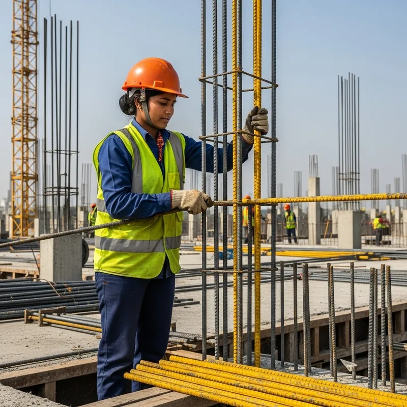 South Asian Female Worker Using Yellow TMT Bar in Building Construction