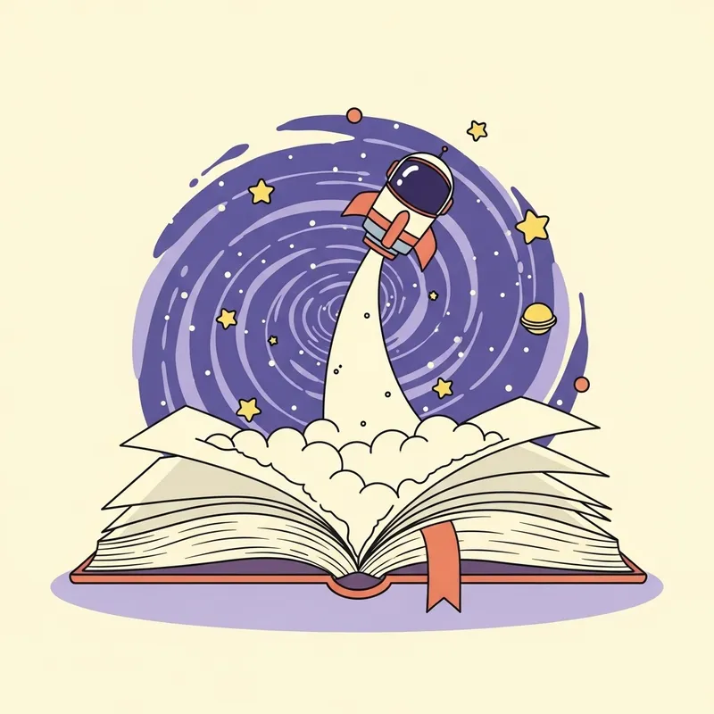 Kawaii Art: Spaceship Launching from Open Book